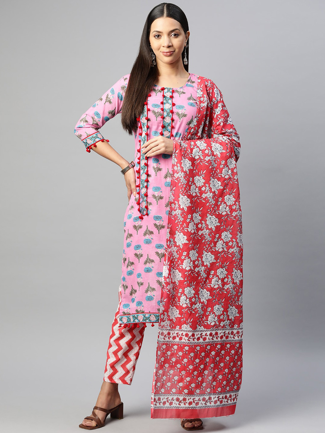 

KALINI Floral Printed Pure Cotton Straight Kurta & Trousers With Dupatta, Pink