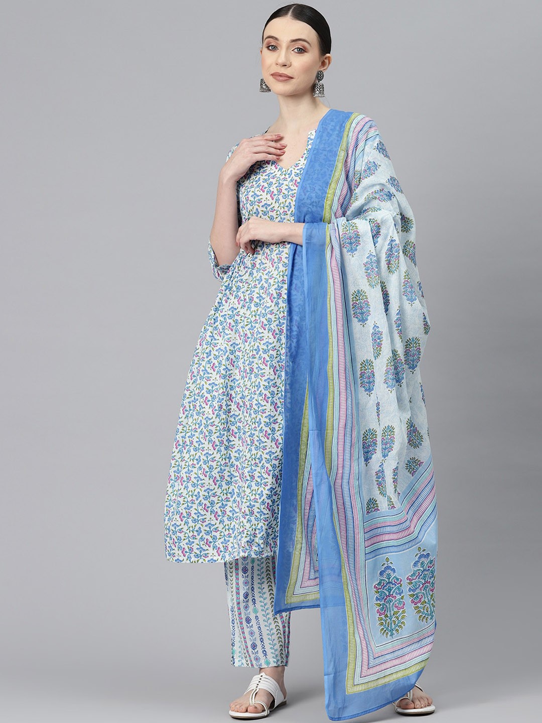 

KALINI Floral Printed Pure Cotton Kurta & Trousers With Dupatta, Blue
