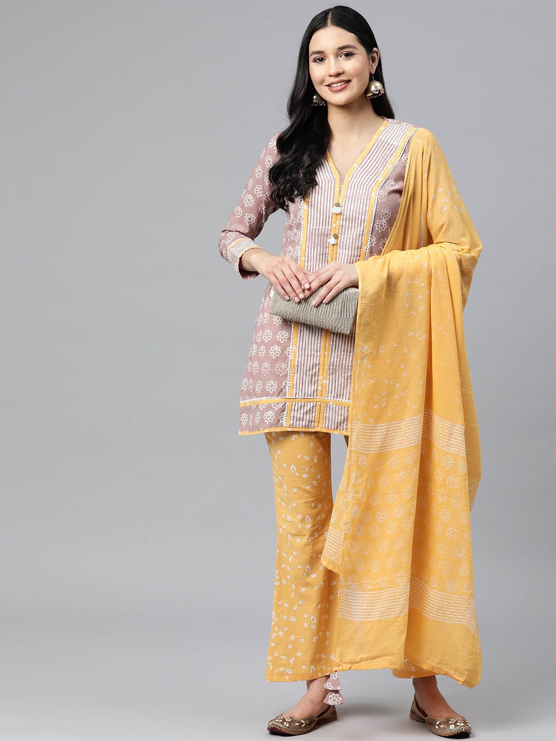 

KALINI Floral Printed Pure Cotton Kurti & Trousers With Dupatta, Yellow