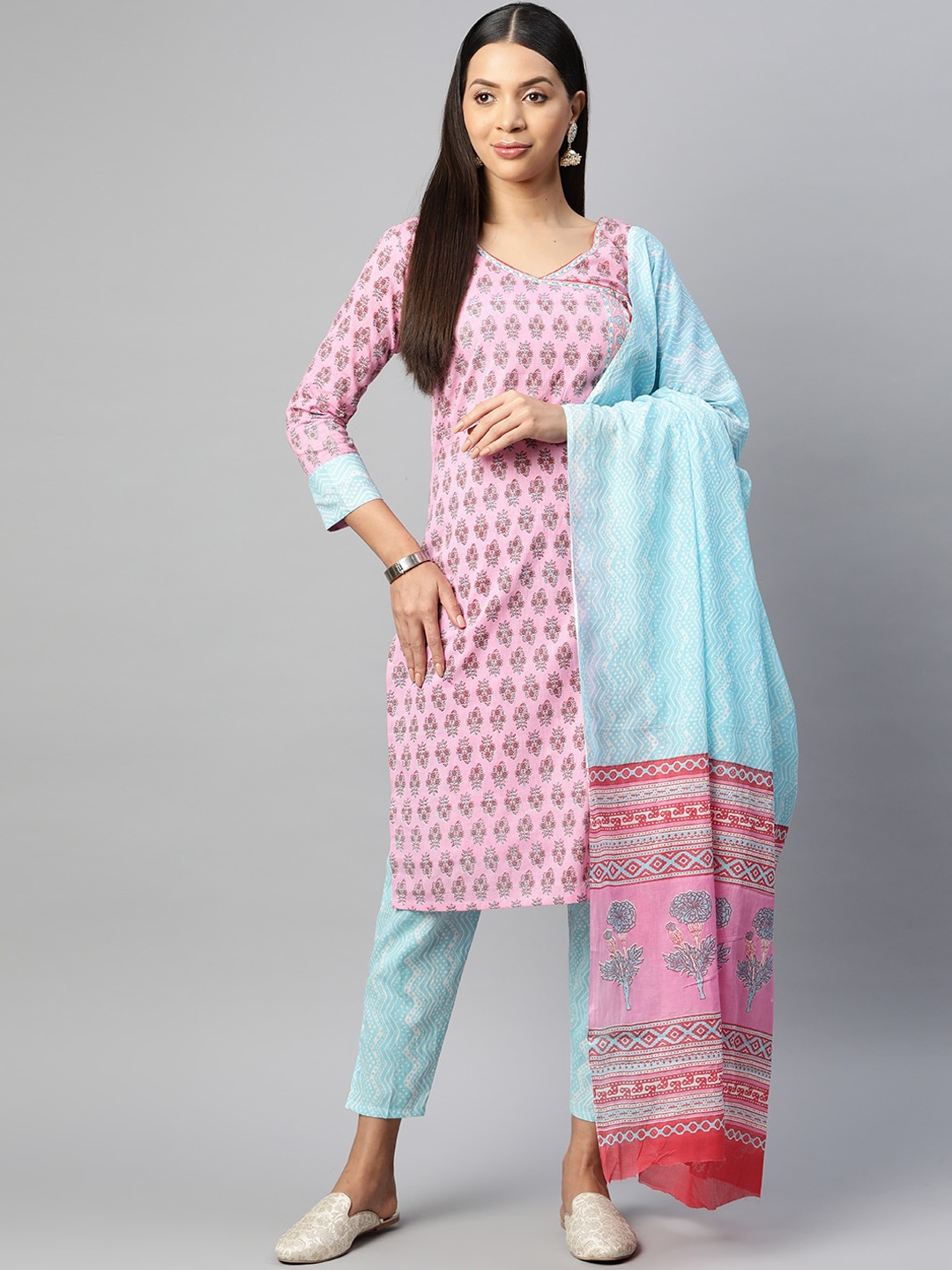 

KALINI Ethnic Motifs Printed Pure Cotton Kurta & Trousers With Dupatta, Pink