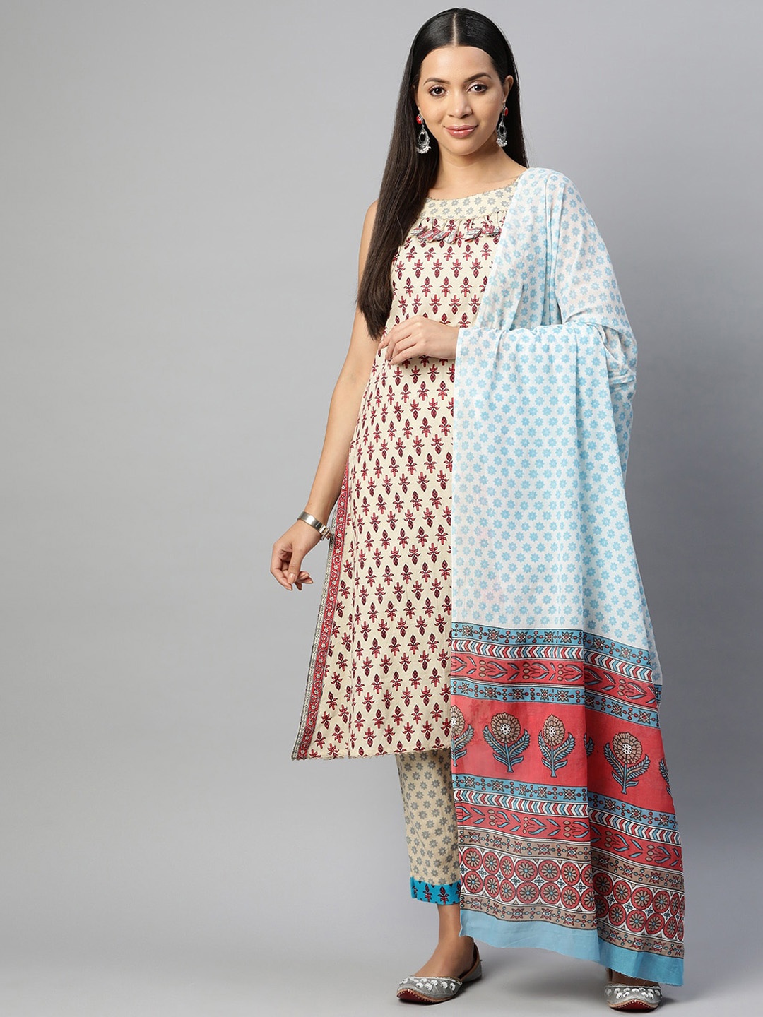 

KALINI Ethnic Motifs Printed Pure Cotton Kurta With Trousers & Dupatta, Beige