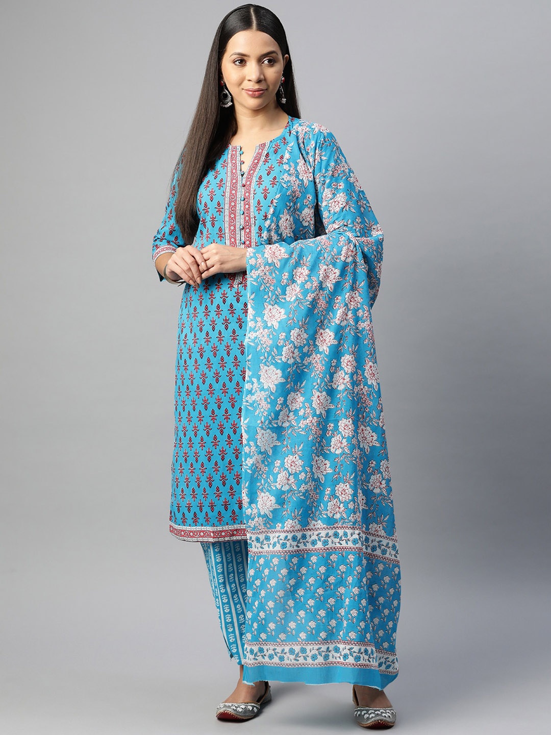 

KALINI Ethnic Motifs Printed Pure Cotton Kurta With Trousers & Dupatta, Blue