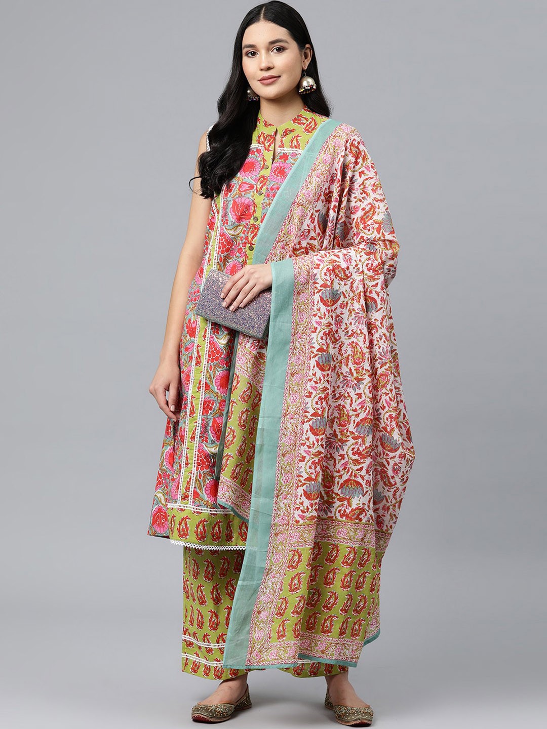 

KALINI Floral Printed Pure Cotton Kurta With Trousers & Dupatta, Green
