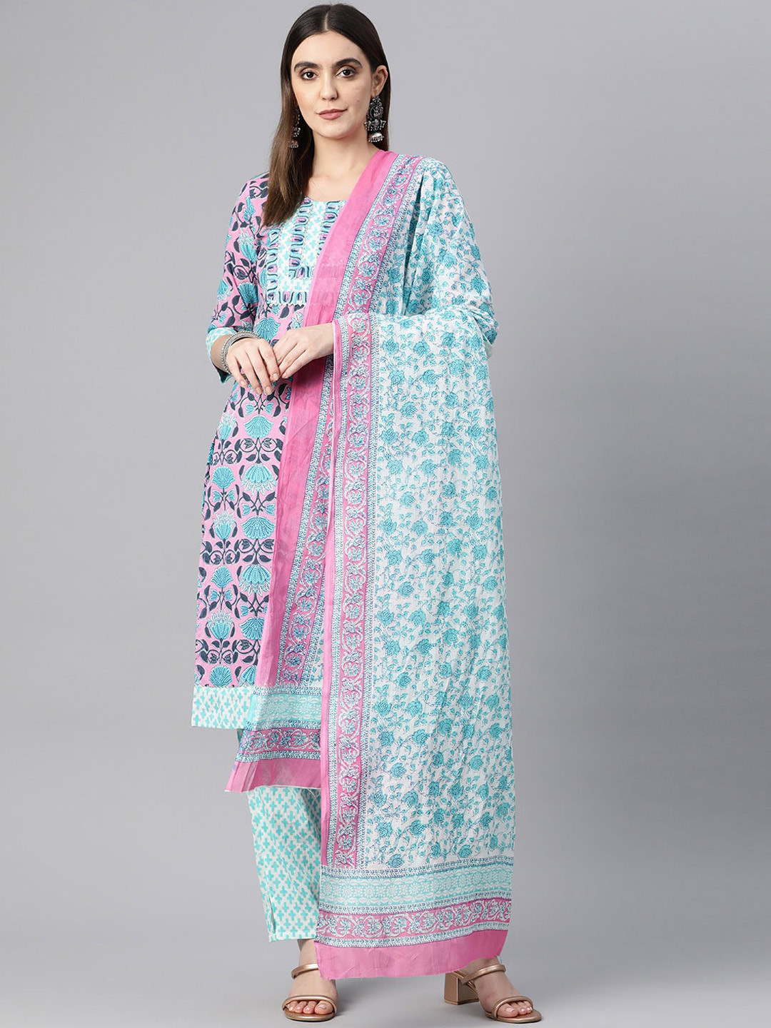 

KALINI Ethnic Motifs Printed Pure Cotton Kurta With Trousers & Dupatta, Pink
