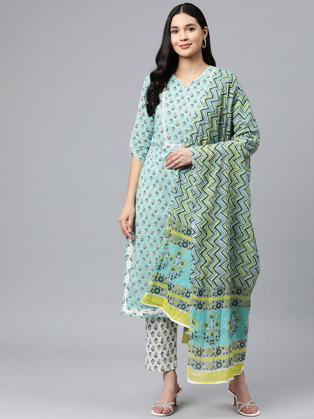 

KALINI Ethnic Motifs Printed Thread Work Pure Cotton Kurta with Trousers & With Dupatta, Green