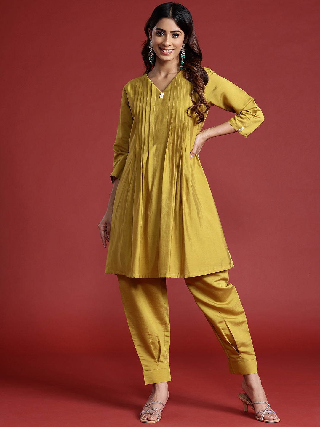 

Tikhi Imli Women Accordian Pleated Tunic with Trousers, Mustard