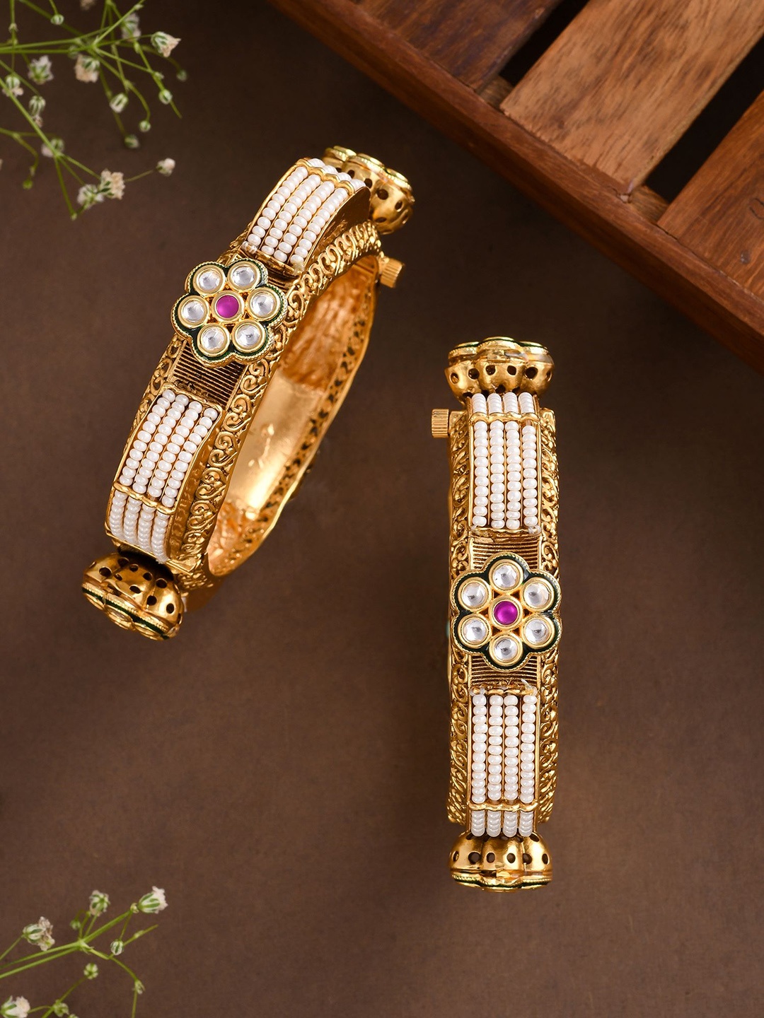 

Designbox Set Of 2 Kundan-Studded & Beaded Bangles, Gold