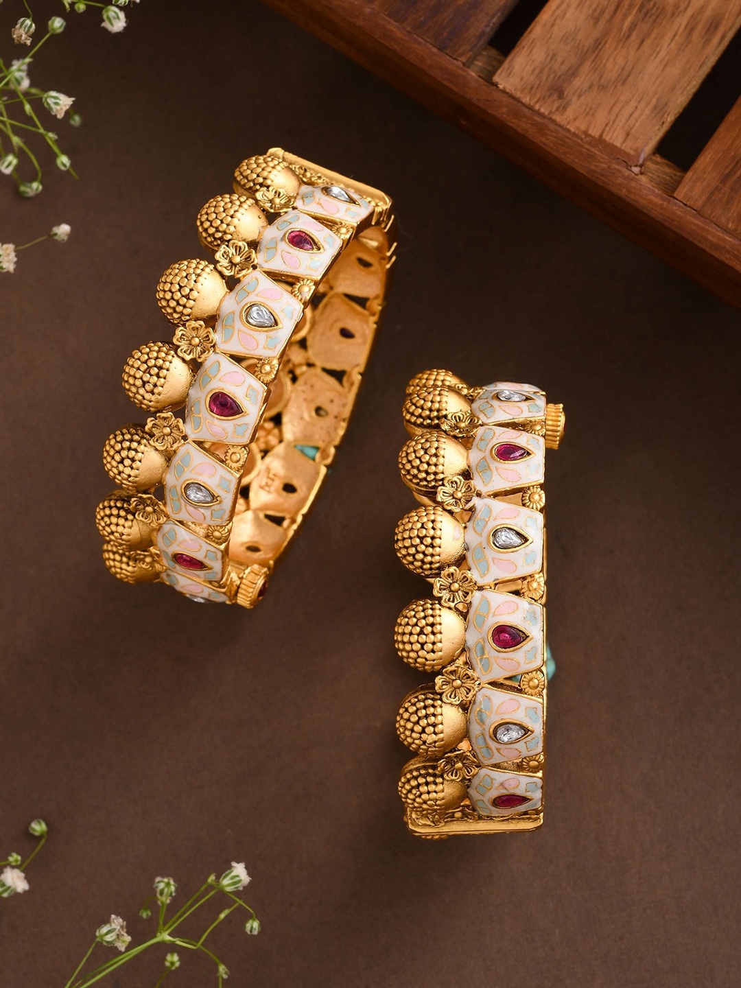 

Designbox Set Of 2 Kundan Studded Openable Bangles, Gold