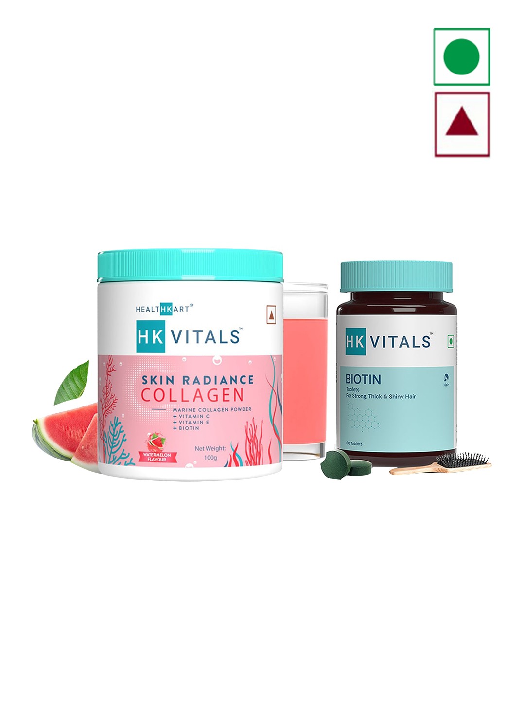 

HK VITALS Skin Radiance Collagen- Watermelon -100g & Biotin Tablets - 60 Tablets, Red
