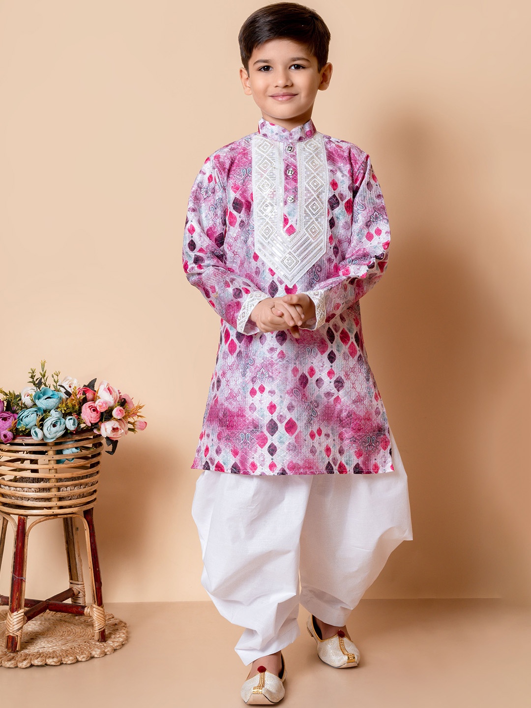 

BAESD Boys Floral Embroidered Sequinned Dupion Silk Straight Kurta With Patiala, Pink