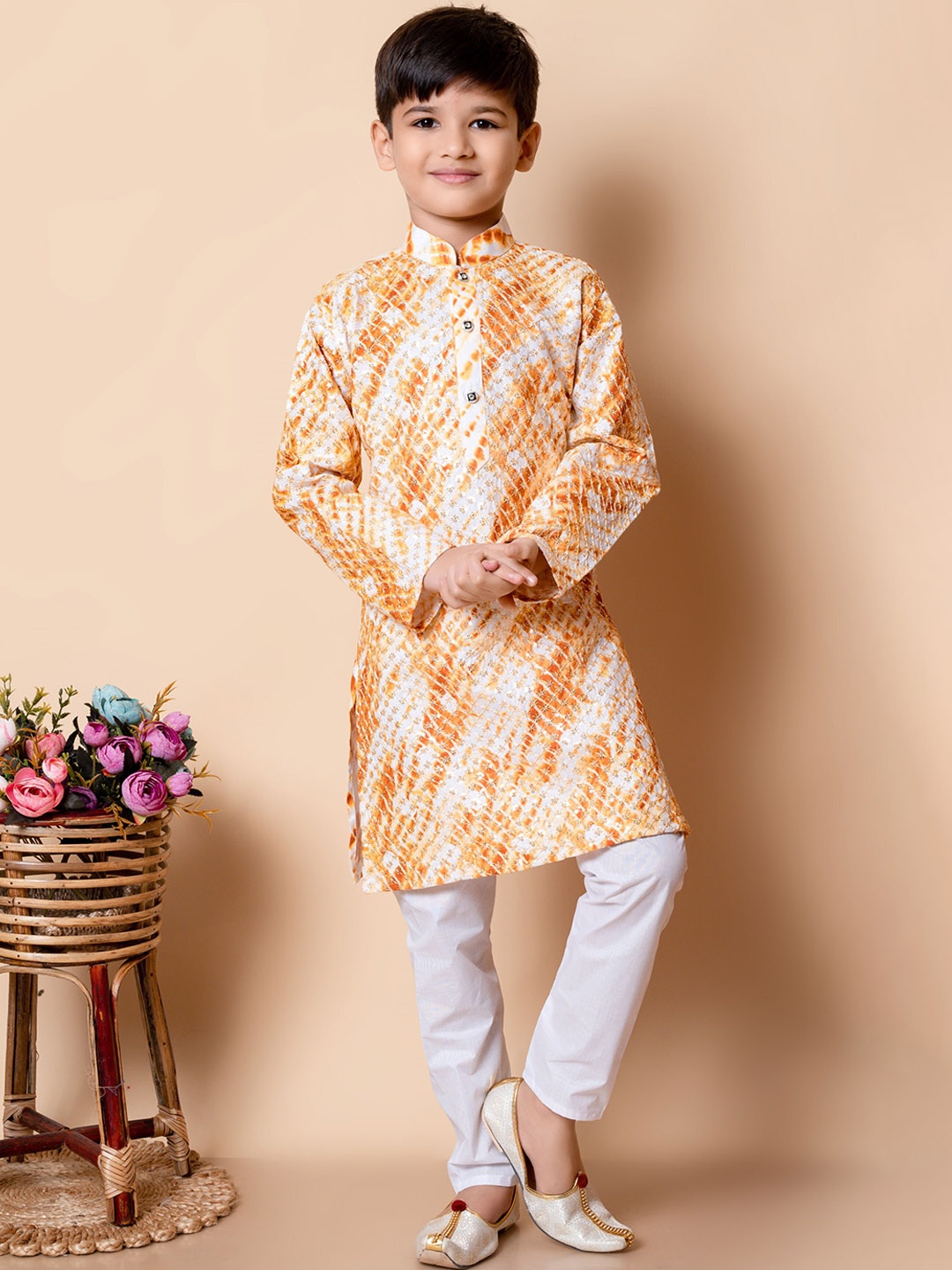 BAESD Boys Ethnic Motif Embroidered Sequinned Straight Kurta with Pyjamas, Yellow