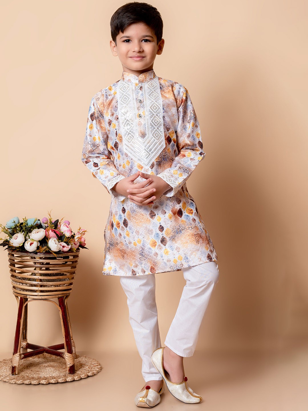 

BAESD Boys Floral Embroidered Sequinned Mandarin Collar Dupion Silk Kurta With Trousers, Yellow