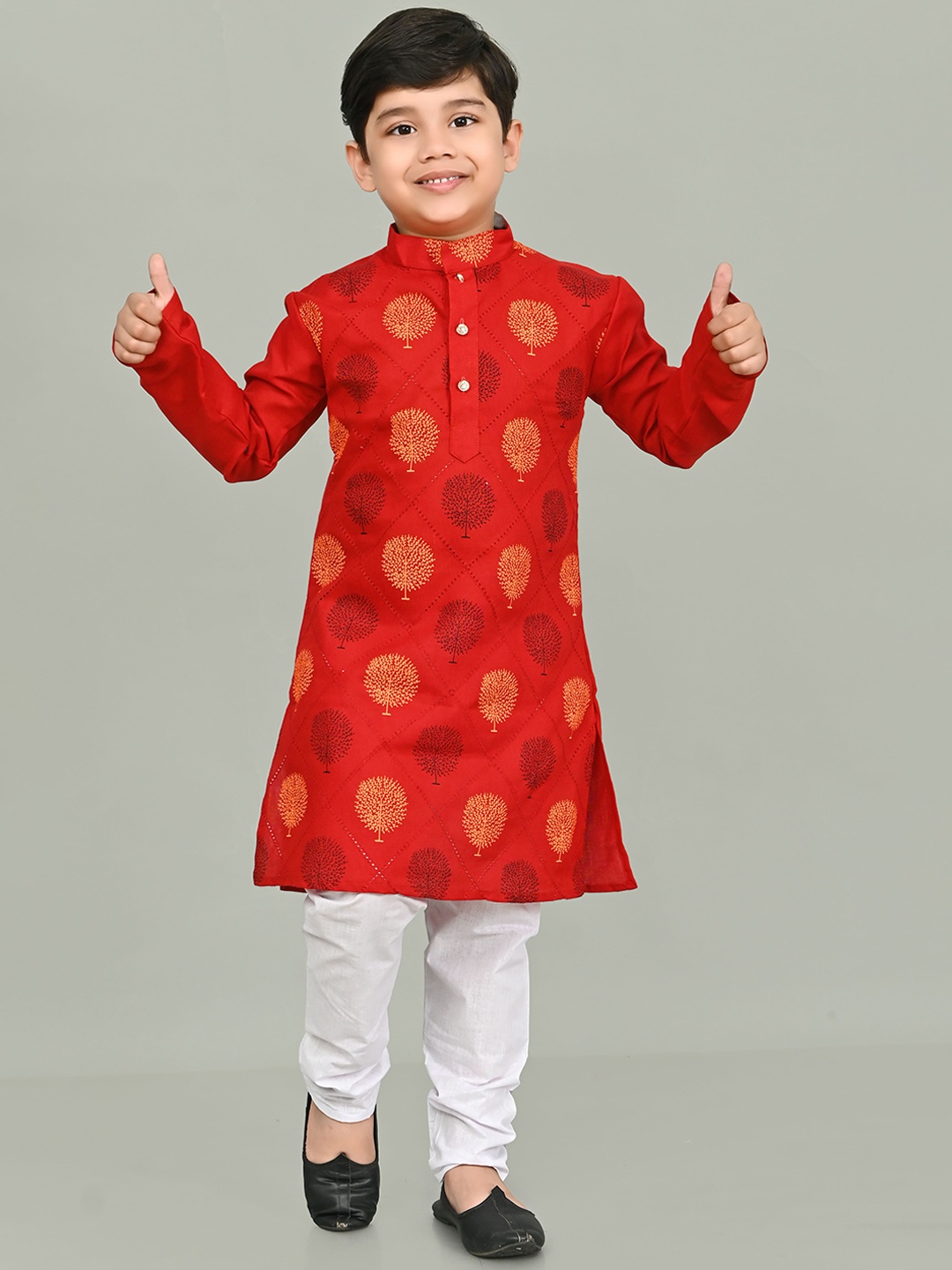 

BAESD Boys Floral Printed Mandarin Collar Straight Kurta With Pyjamas, Red