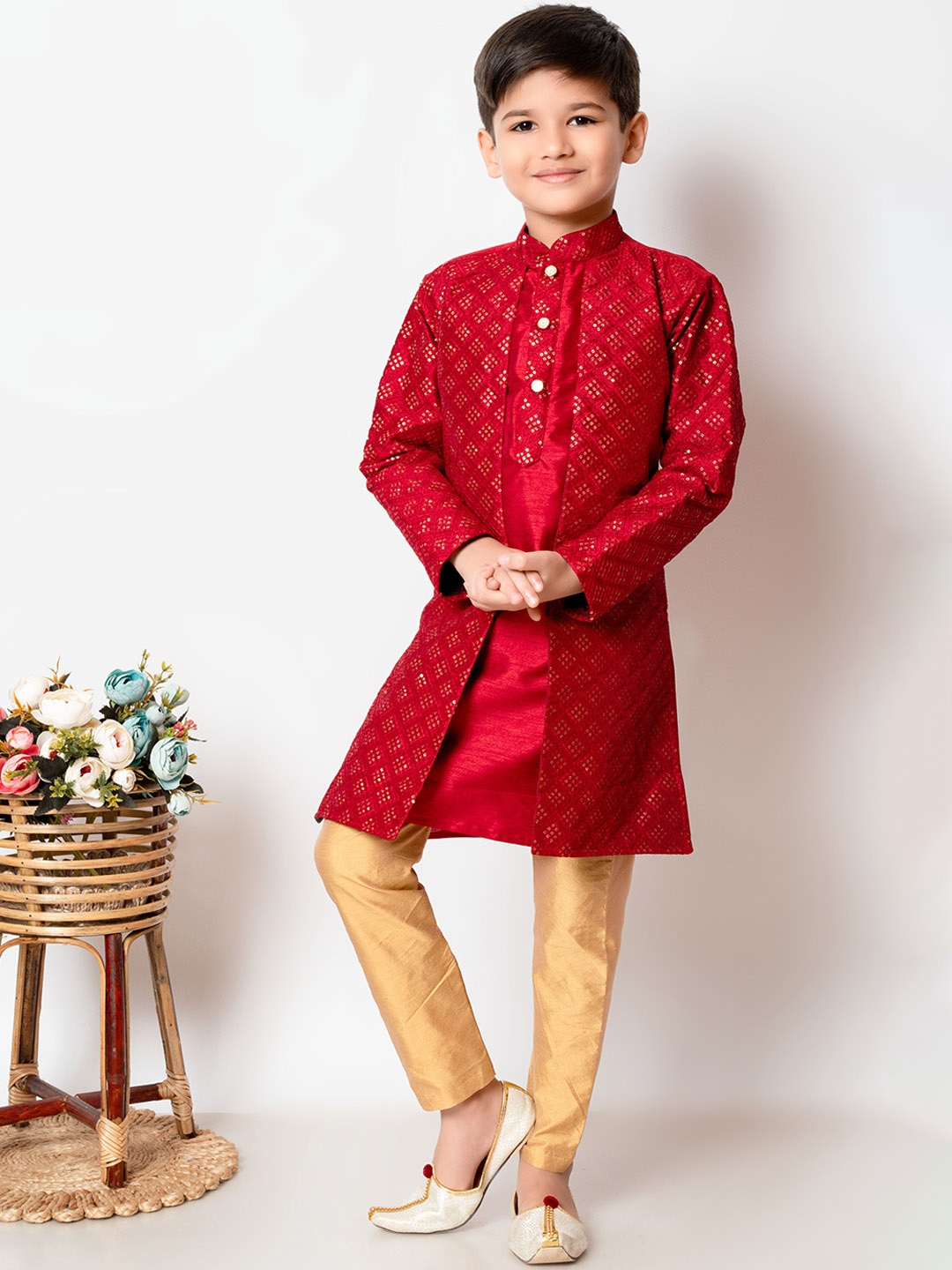 

BAESD Infant Boys Ethnic Motifs Embroidered Sequinned Dupion Silk Kurta with Pyjamas, Maroon