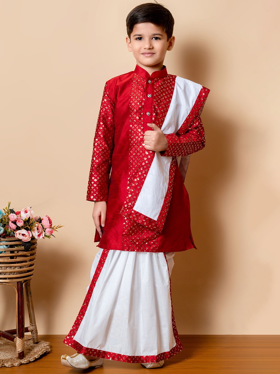 

BAESD Boys Embroidered Straight Sequinned Dupion Silk Kurta with Dhoti Pants & Dupatta, Maroon