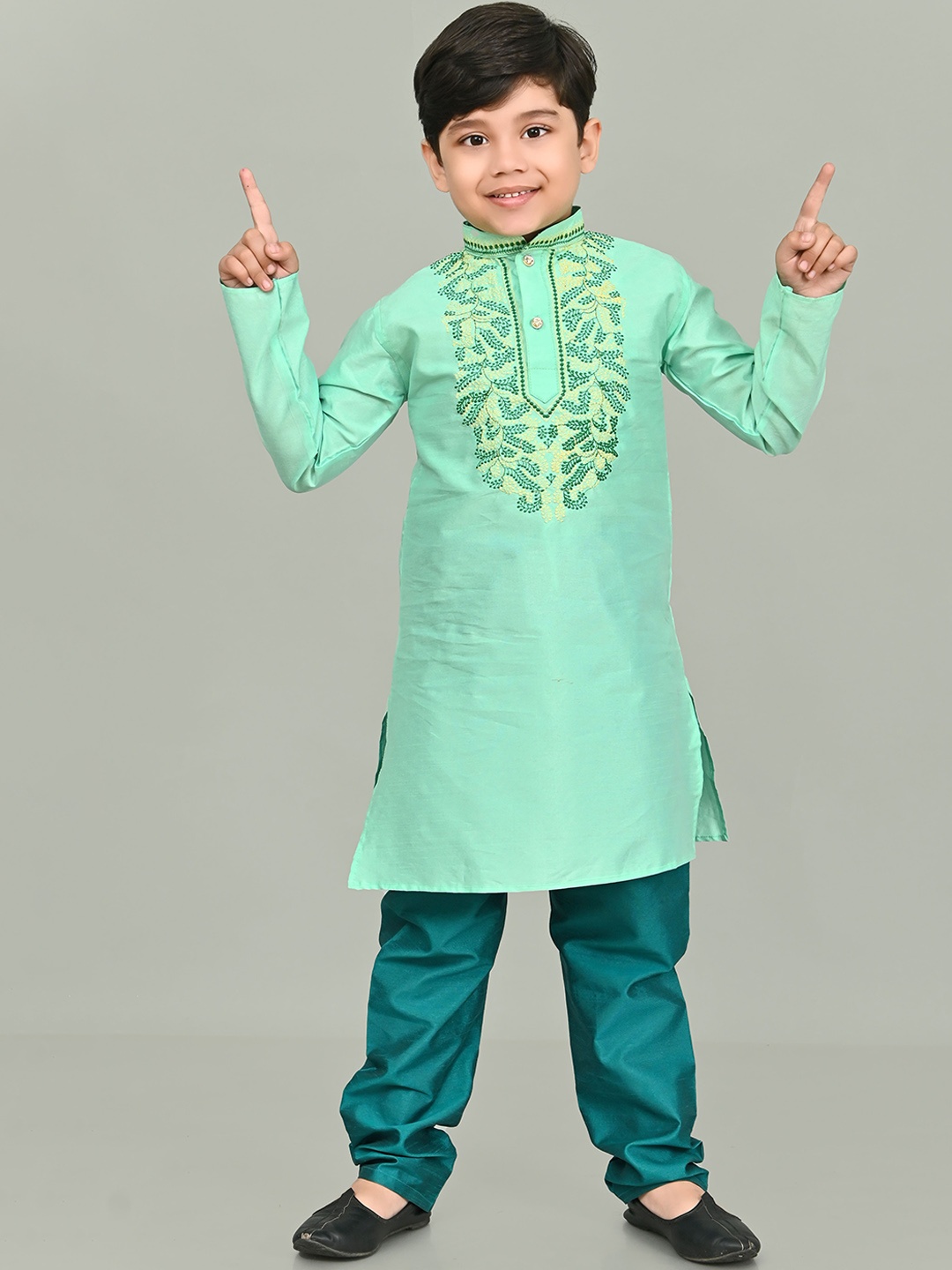 

BAESD Boys Mandarin Embroidered Straight Dupion Silk Kurta with Pyjamas, Sea green