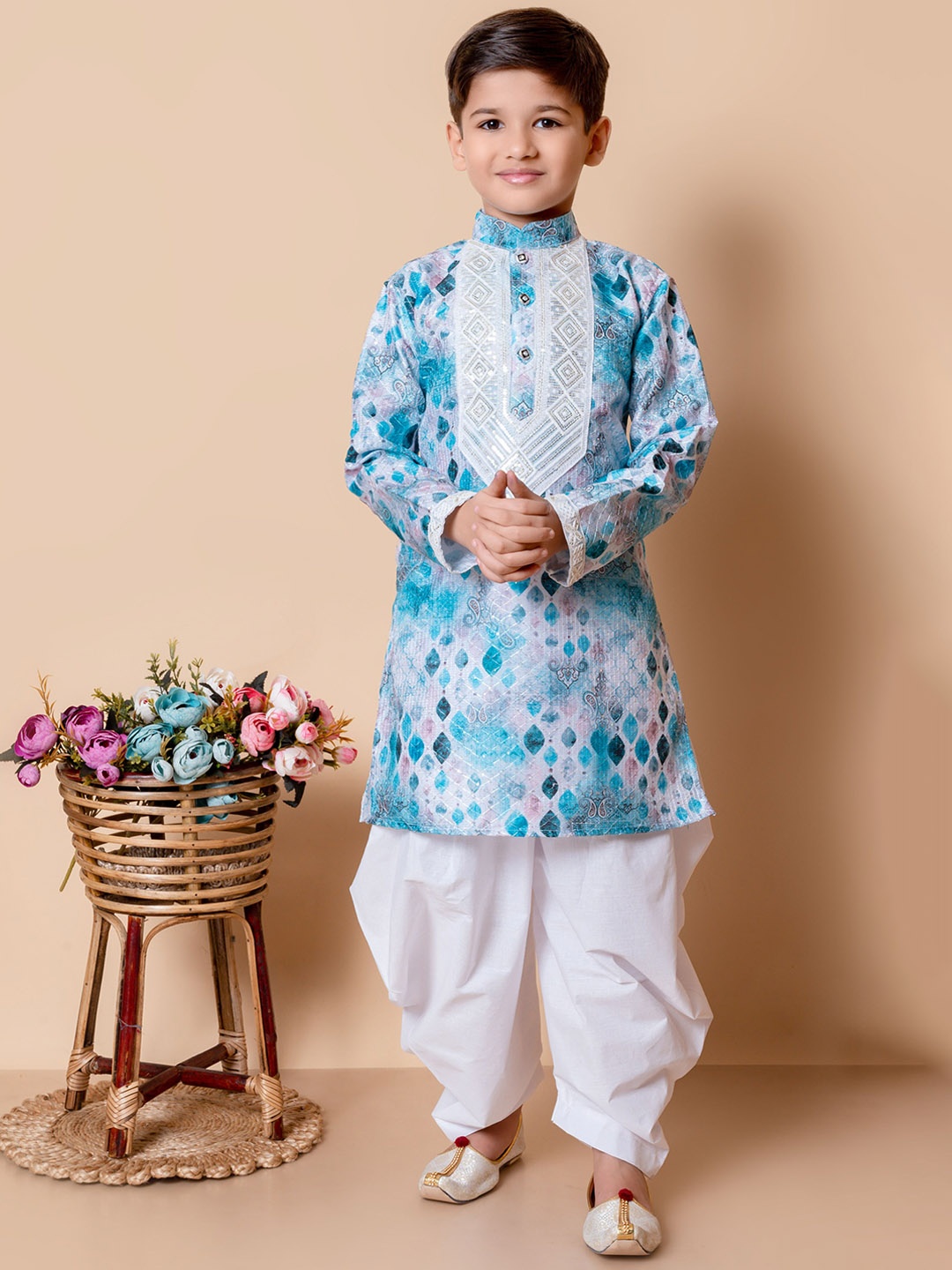 

BAESD Boys Floral Embroidered Regular Sequinned Dupion Silk Kurta with Patiala, Blue