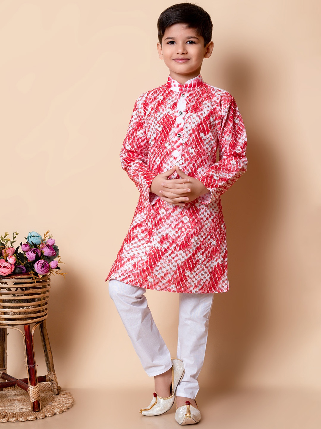 

BAESD Boys Geometric Embroidered Straight Sequinned Kurta with Pyjamas, Red