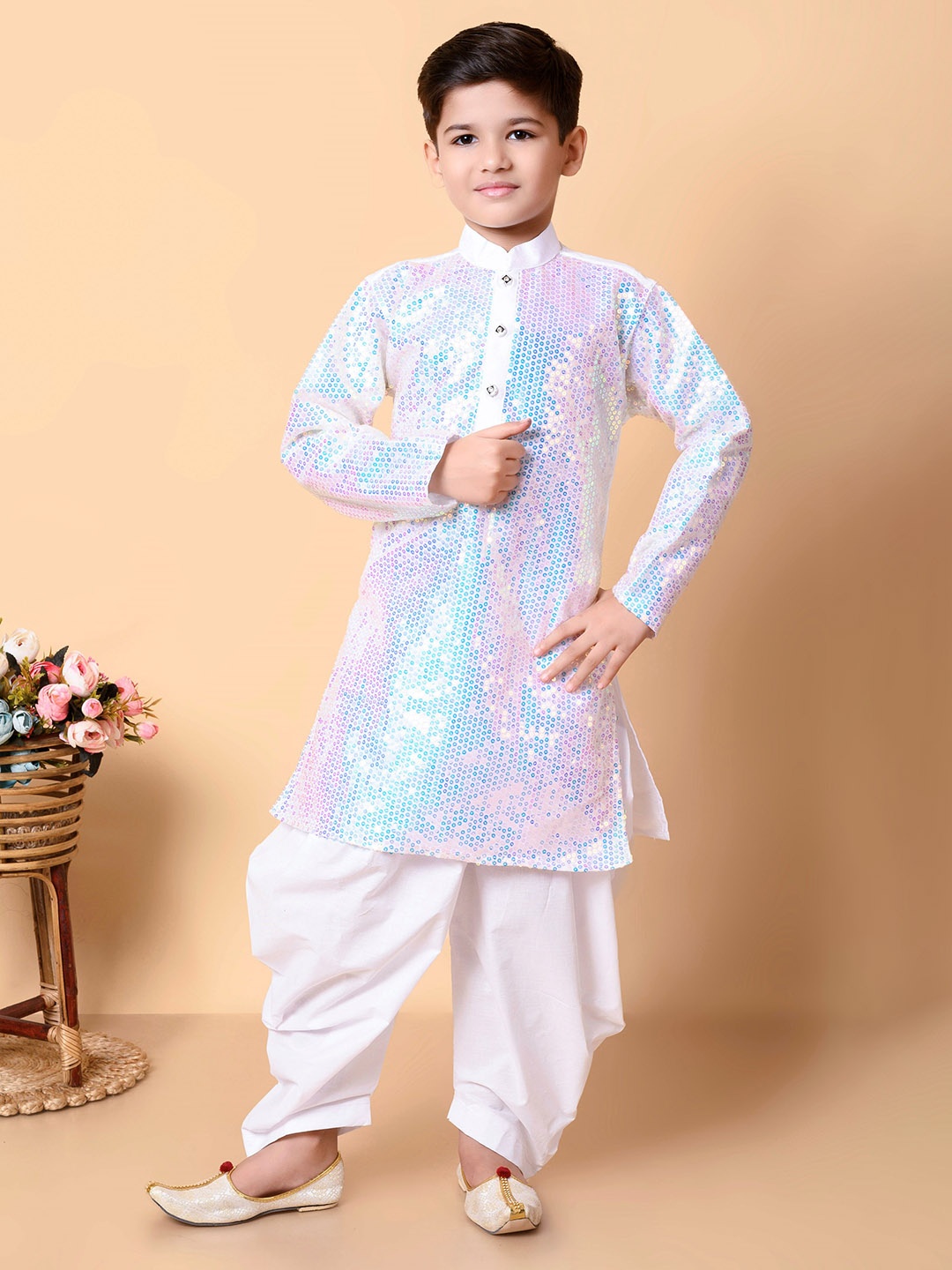 

BAESD Boys Sequinned Dupion Silk Kurta with Patiala, White