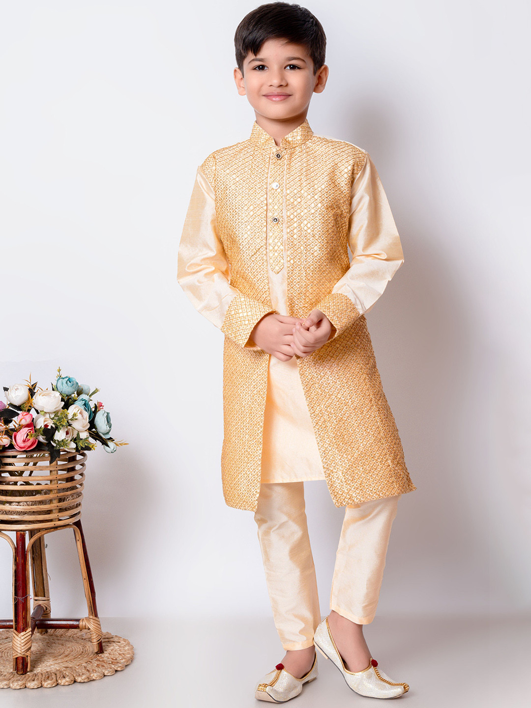 

BAESD Boys Geometric Embroidered Sequinned Dupion Silk Kurta with Pyjamas, Beige