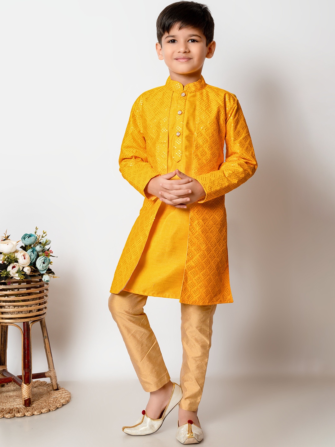 

BAESD Boys Ethnic Motifs Embroidered Sequinned Dupion Silk Kurta with Pyjamas, Yellow