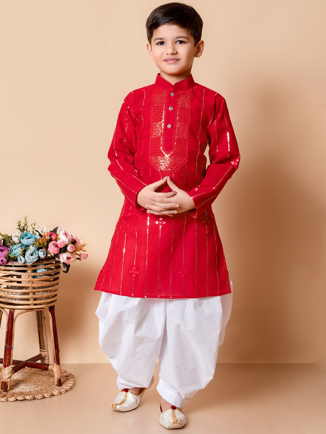 BAESD Boys Striped Embroidered Sequinned Straight Kurta with Patiala, Red