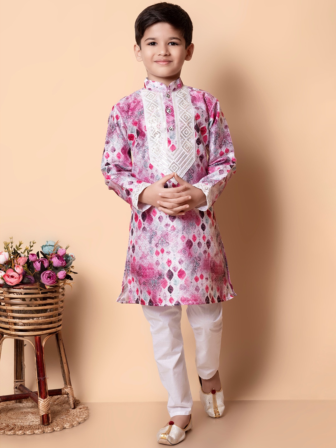 

BAESD Boys Abstract Printed Straight Sequinned Dupion Silk Kurta with Pyjamas, Pink