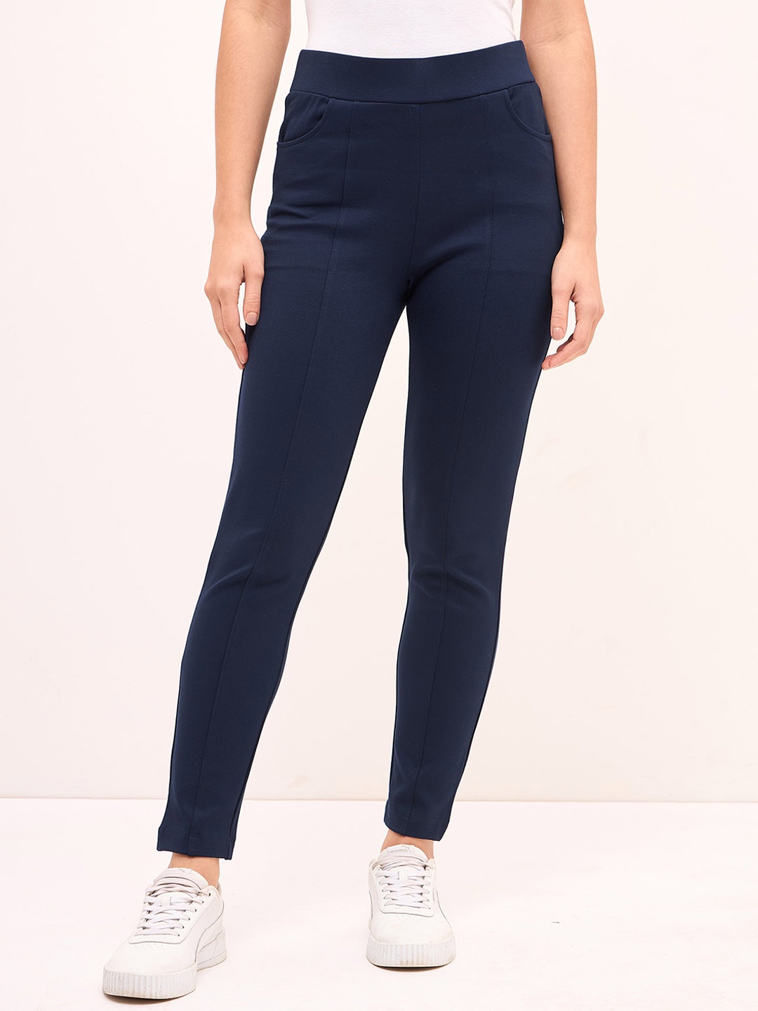 

SALT ATTIRE Women Slim Fit High-Rise Wrinkle Free Pleated Trousers, Navy blue