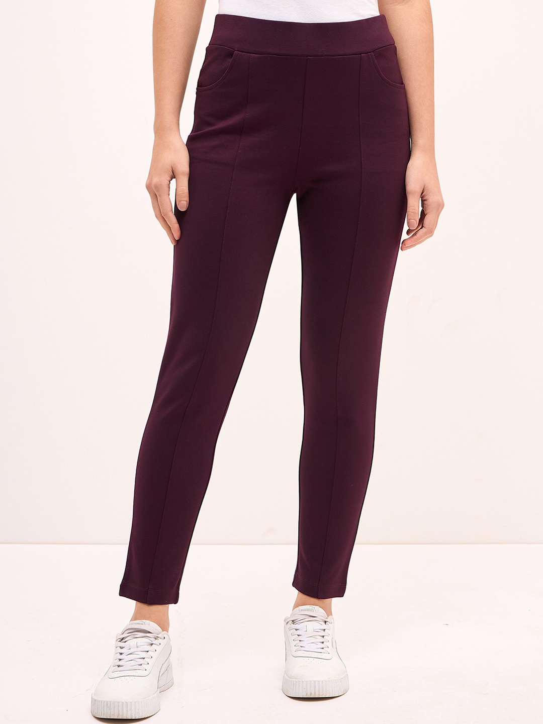 

SALT ATTIRE Women Slim Fit High-Rise Wrinkle Free Trouser, Burgundy