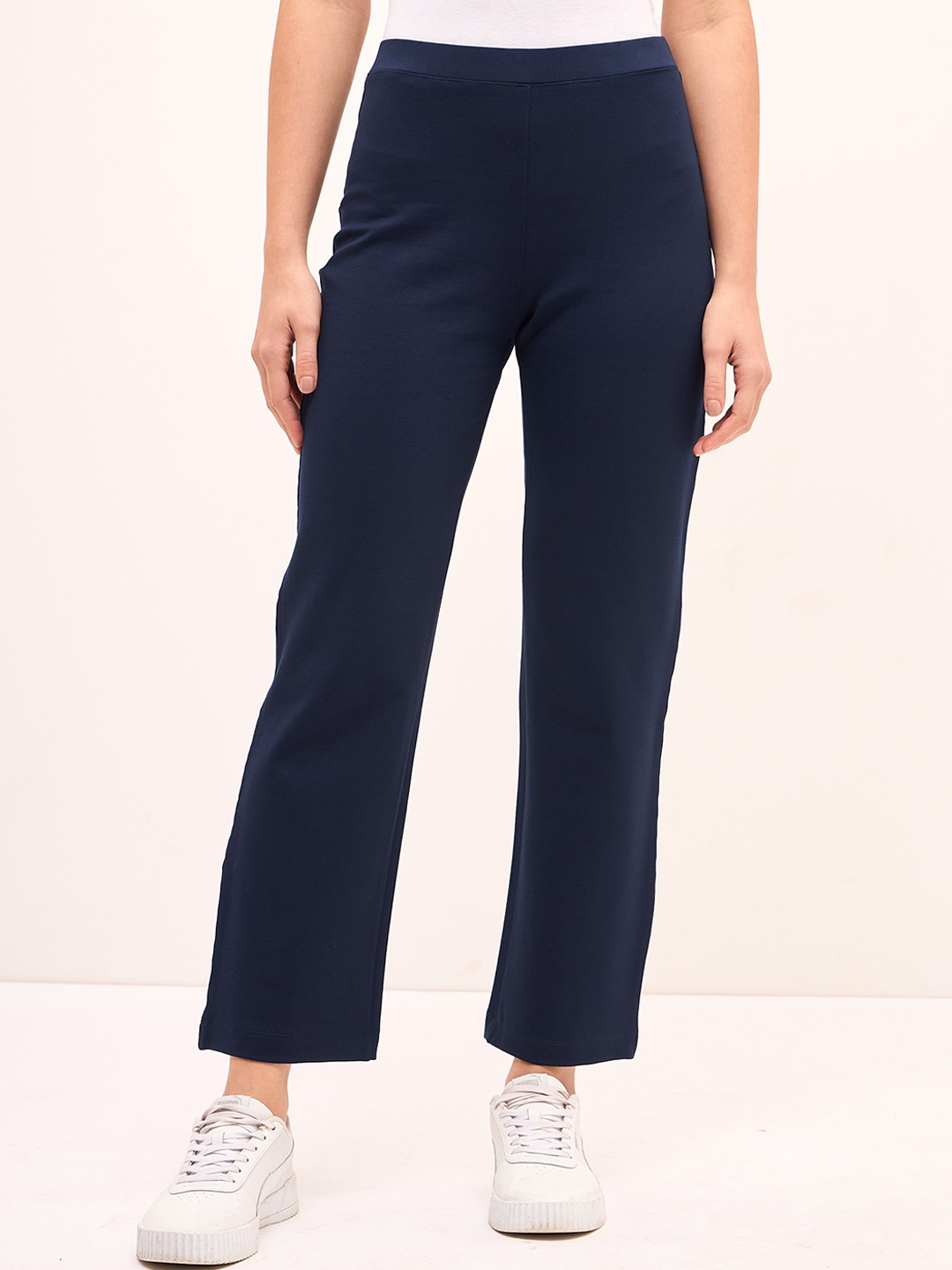 

SALT ATTIRE Women Straight Fit High-Rise Wrinkle Free Trousers, Navy blue