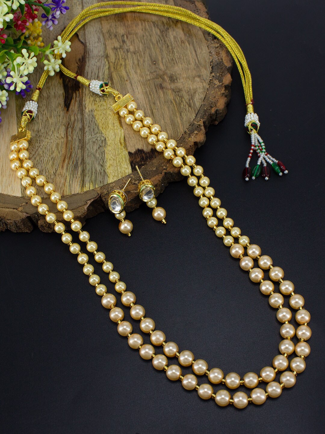 

PRIVIU Gold Plated Artificial Beads Layered Necklace and Earrings