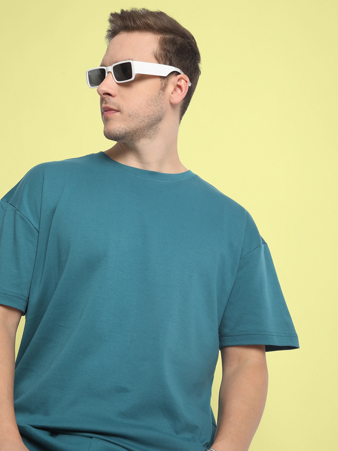 

Bene Kleed Men Drop-Shoulder Sleeves Oversized Pure Cotton T-shirt, Teal