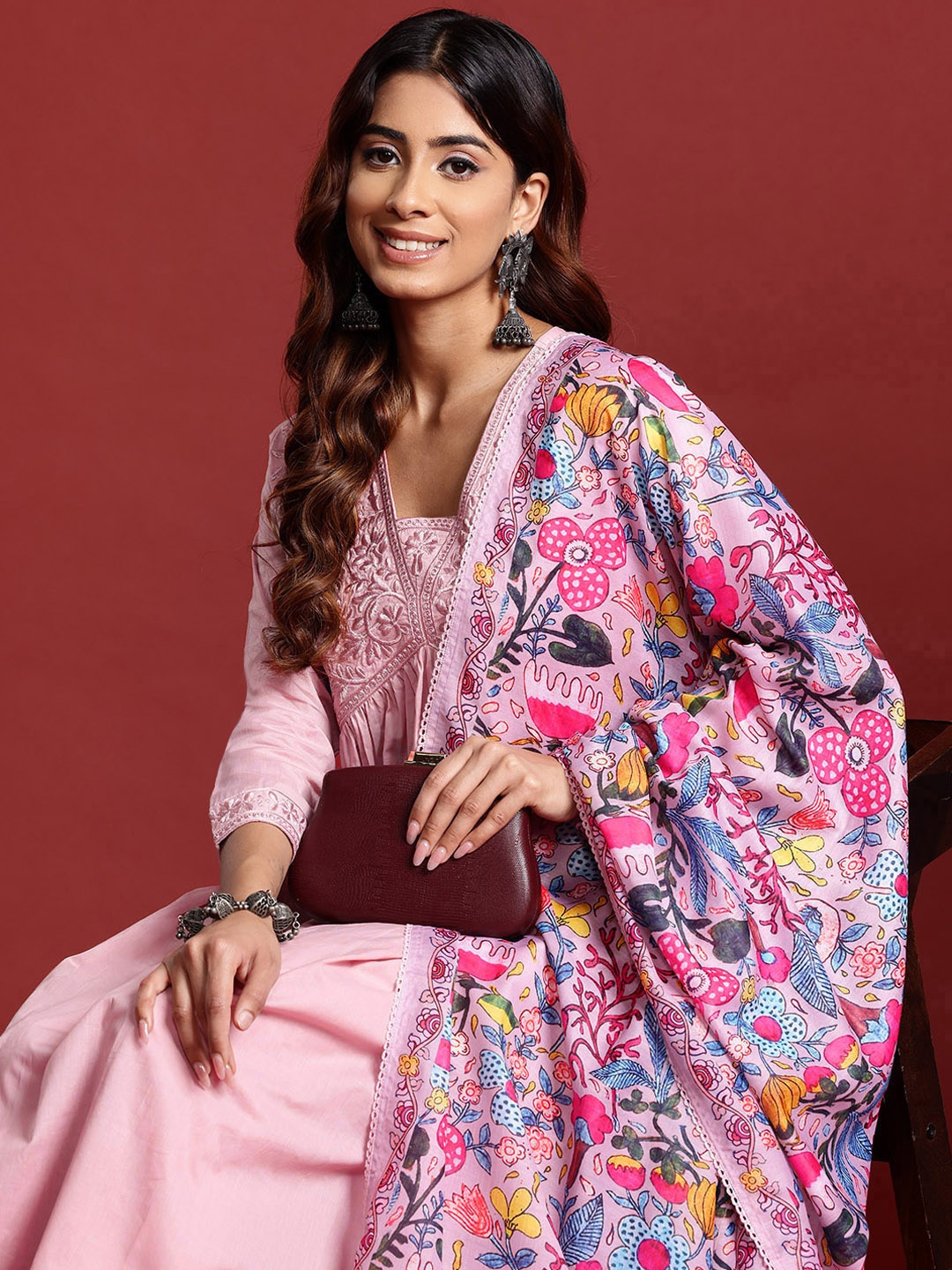 Tikhi Imli Women Floral Embroidered Pleated Thread Work Pure Cotton Kurta with Trousers & With Dupatta, Pink