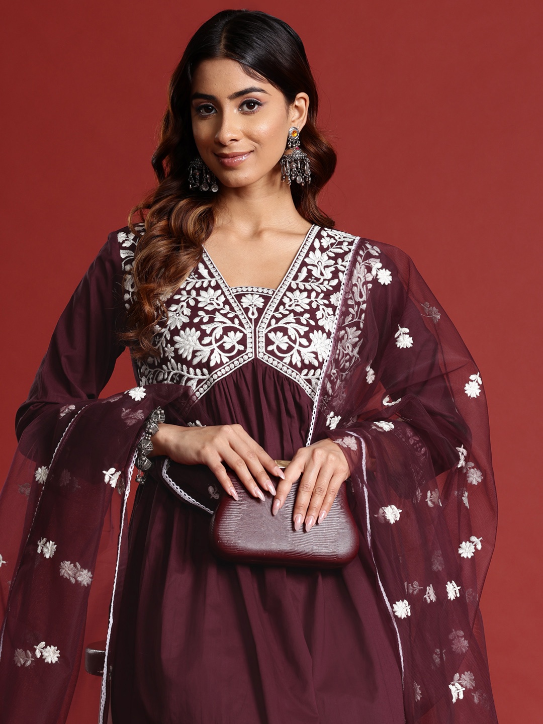 

Tikhi Imli Women Floral Embroidered Pleated Thread Work Pure Cotton Kurta with Trousers & With Dupatta, Burgundy