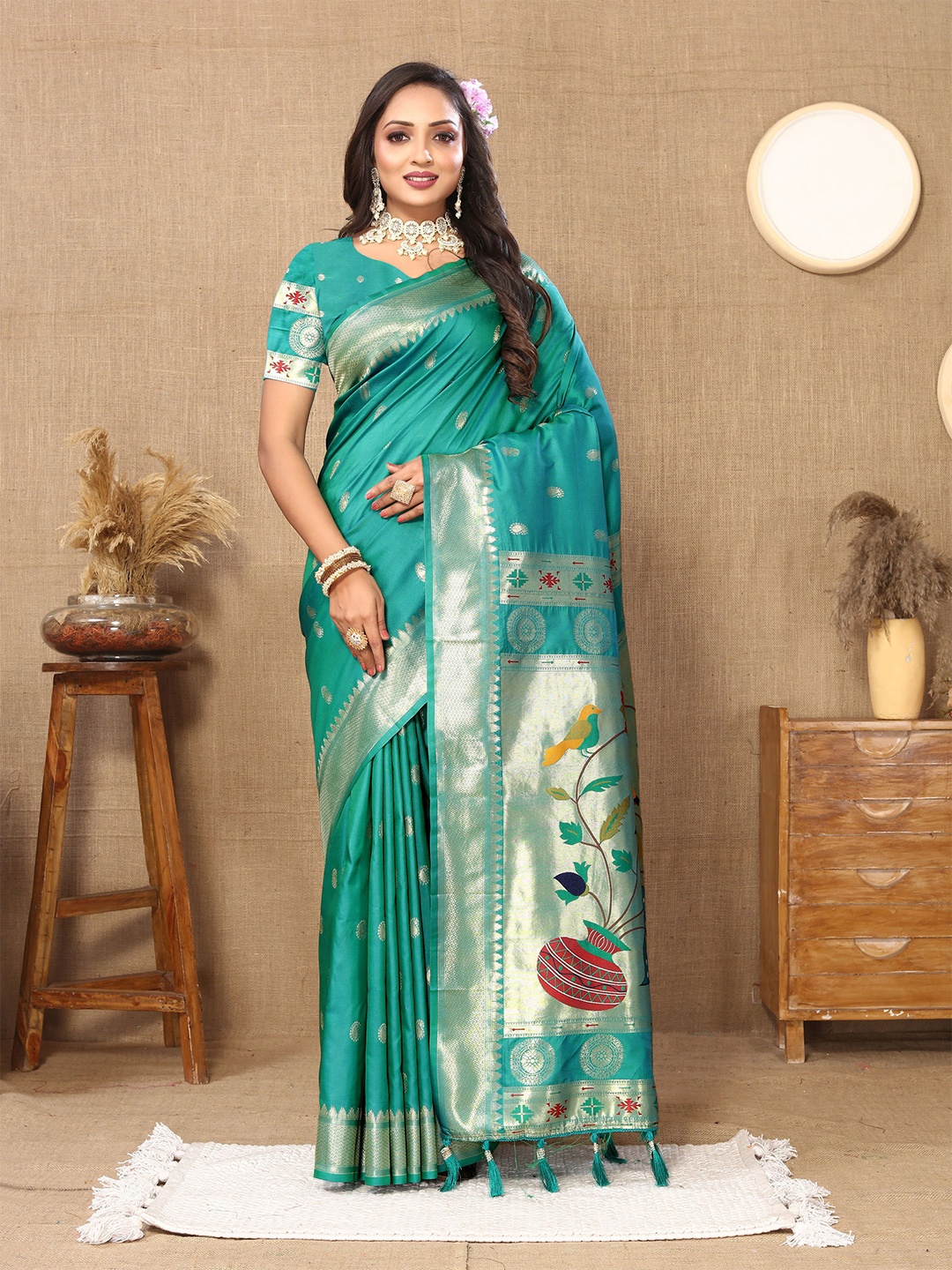 

DIVASTRI Ethnic Motifs Woven Design Zari Pure Silk Paithani Saree, Blue