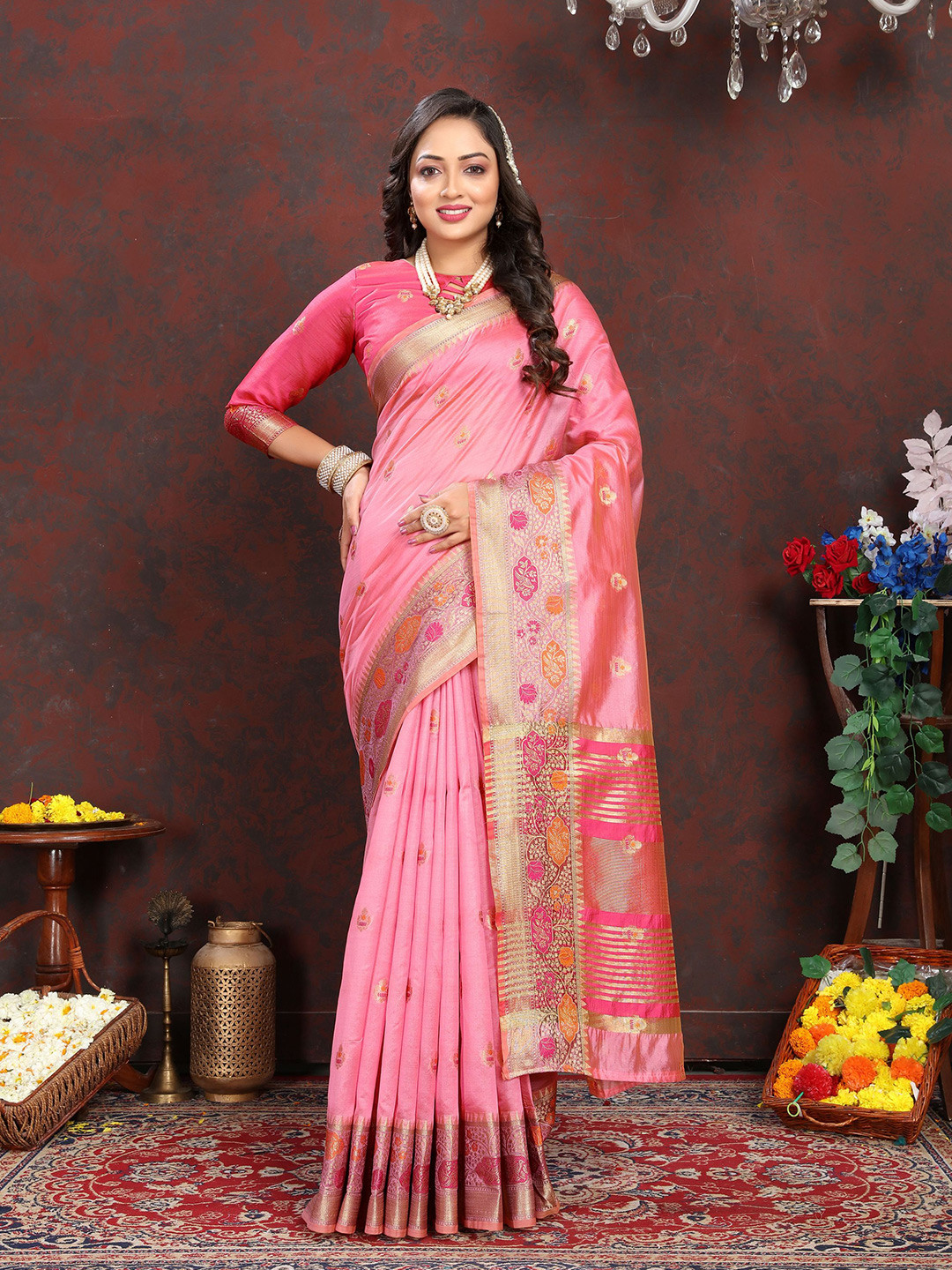 

DIVASTRI Ethnic Motifs Woven Design Zari Organza Banarasi Saree, Pink