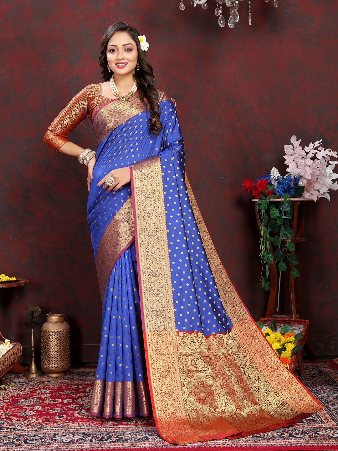 

DIVASTRI Ethnic Motifs Woven Design Zari Silk Cotton Banarasi Saree, Blue