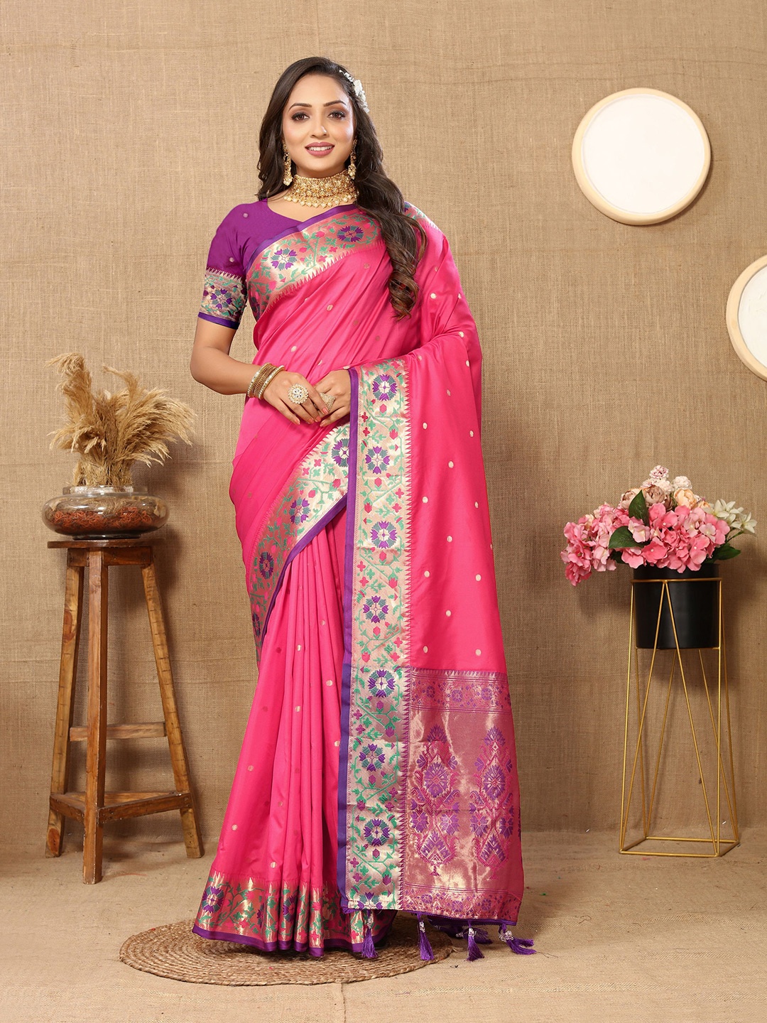 

DIVASTRI Ethnic Motifs Woven Design Zari Pure Silk Paithani Saree, Pink