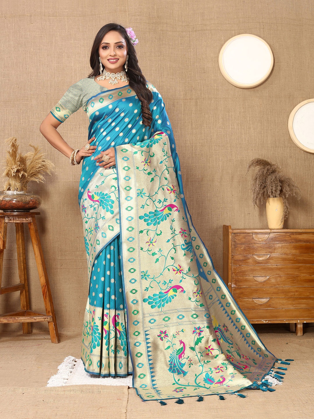 

DIVASTRI Ethnic Motifs Woven Design Zari Pure Silk Paithani Saree, Blue
