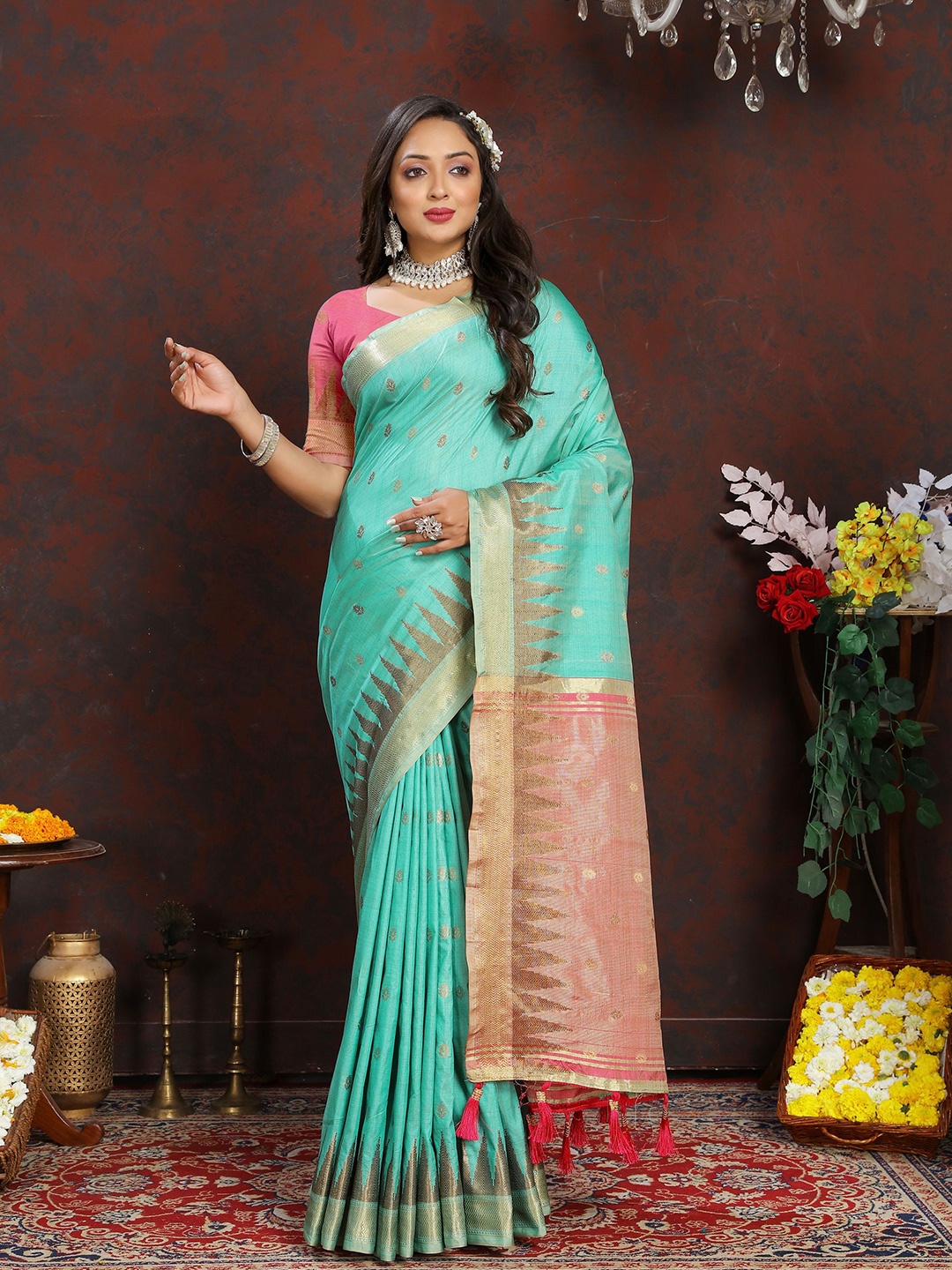 

DIVASTRI Ethnic Motifs Woven Design Zari Pure Silk Paithani Saree, Blue