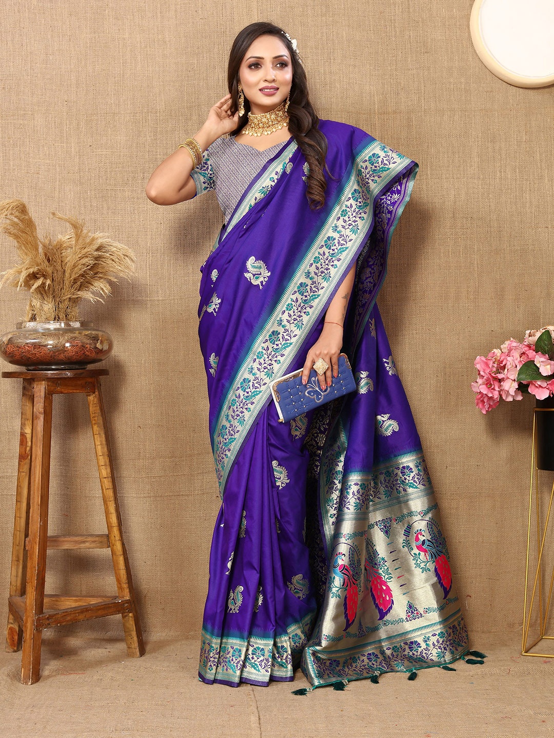 

DIVASTRI Ethnic Motifs Woven Design Zari Pure Silk Paithani Saree, Blue