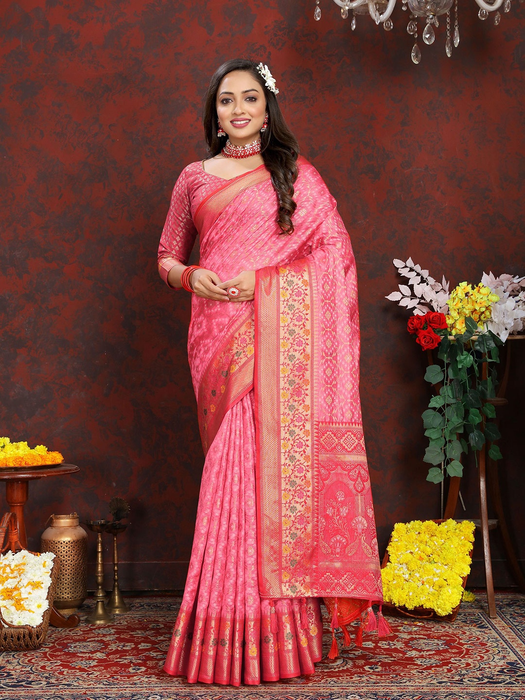 

DIVASTRI Ethnic Motifs Banarasi Zari Saree, Pink