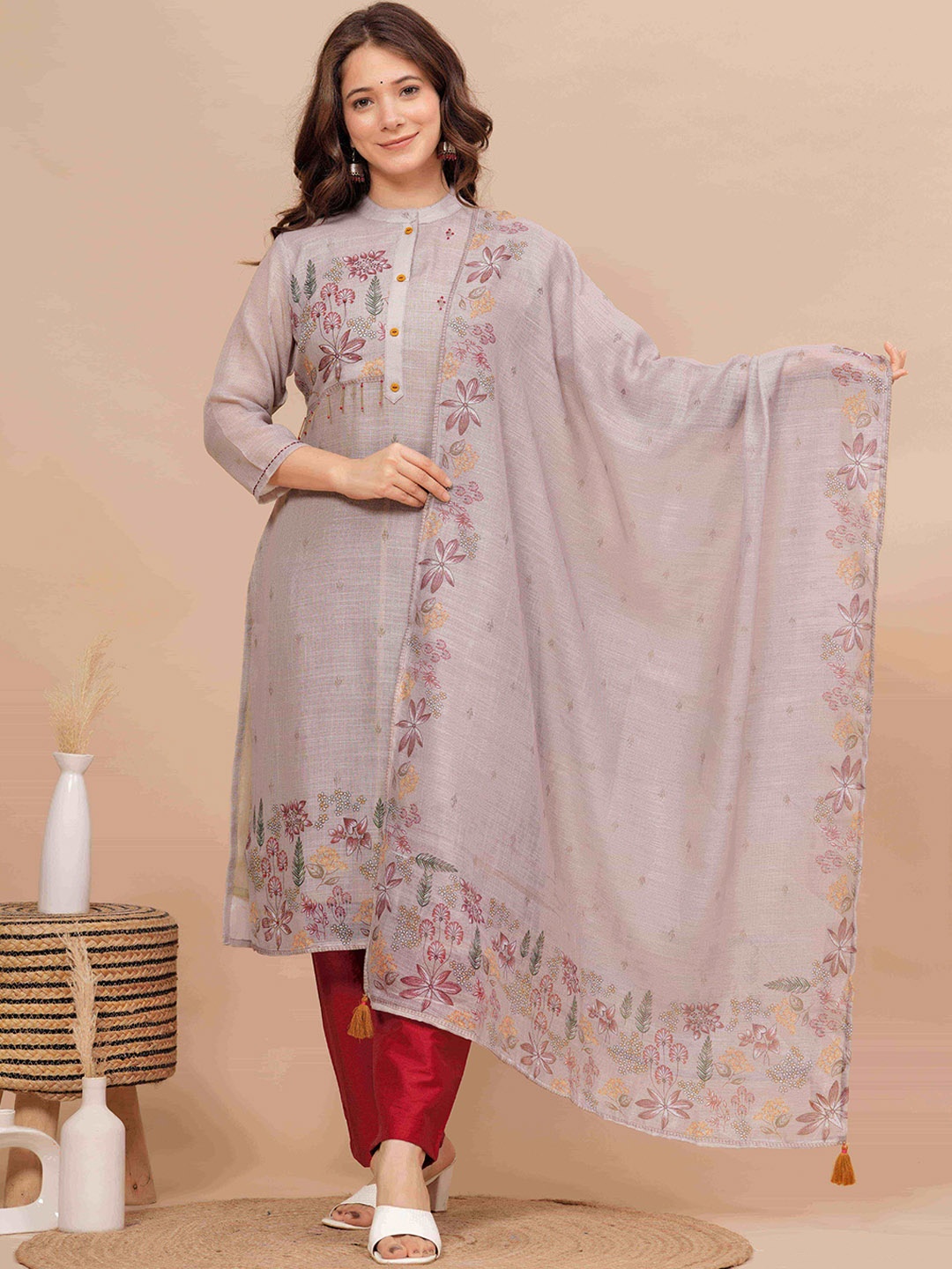 

MissKurti Floral Embroidered Regular Kurta with Salwar & With Dupatta, Beige