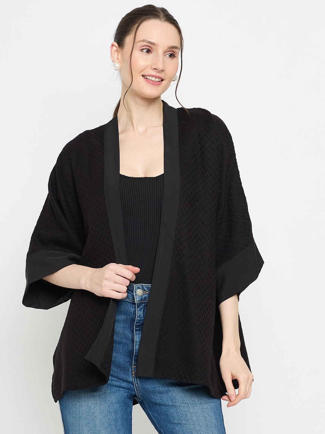 

Ruhaans Cotton Longline Open Front Shrug, Black