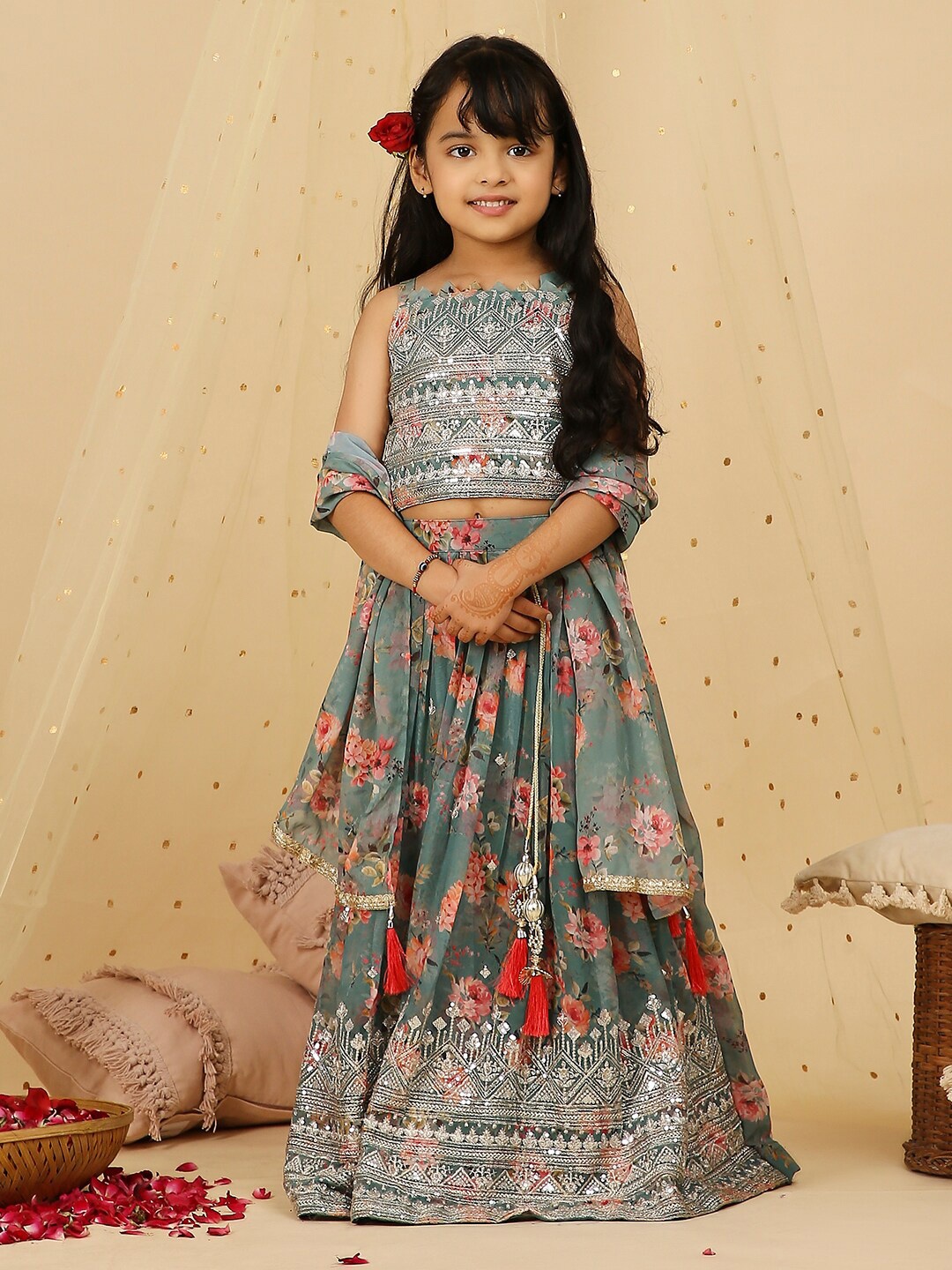 

KID1 Girls Floral Printed Sequinned Ready to Wear Lehenga & Blouse With Dupatta, Green