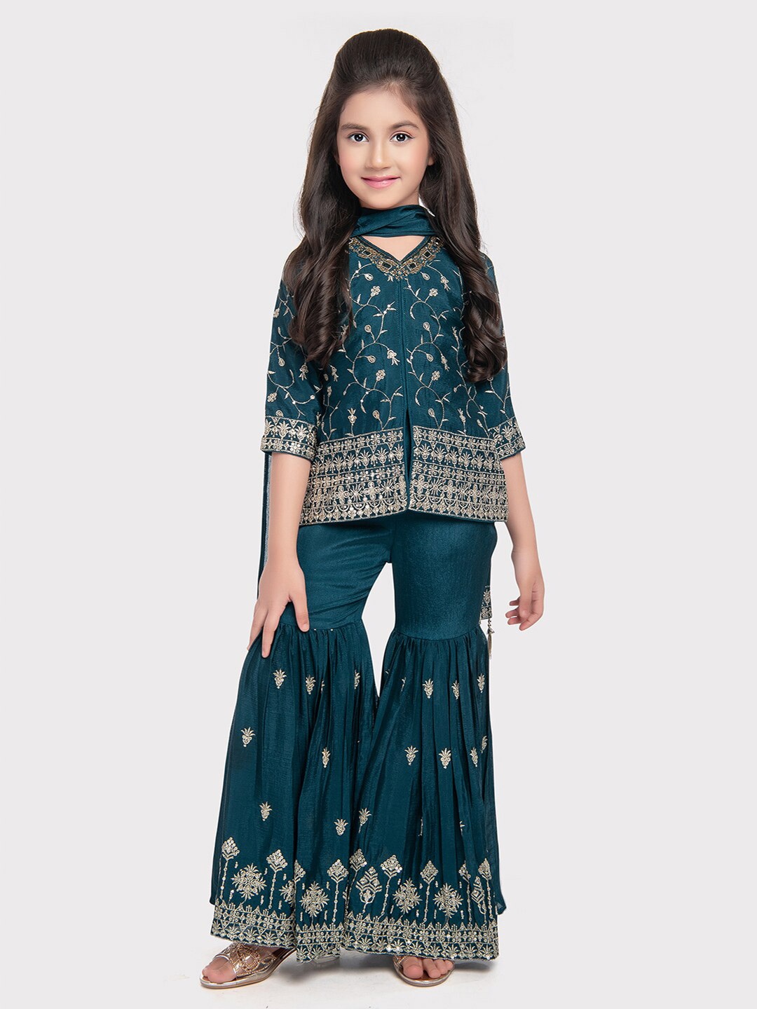 

Tiny Kingdom Girls Ethnic Motifs Embroidered Kurta with Sharara & Dupatta, Blue