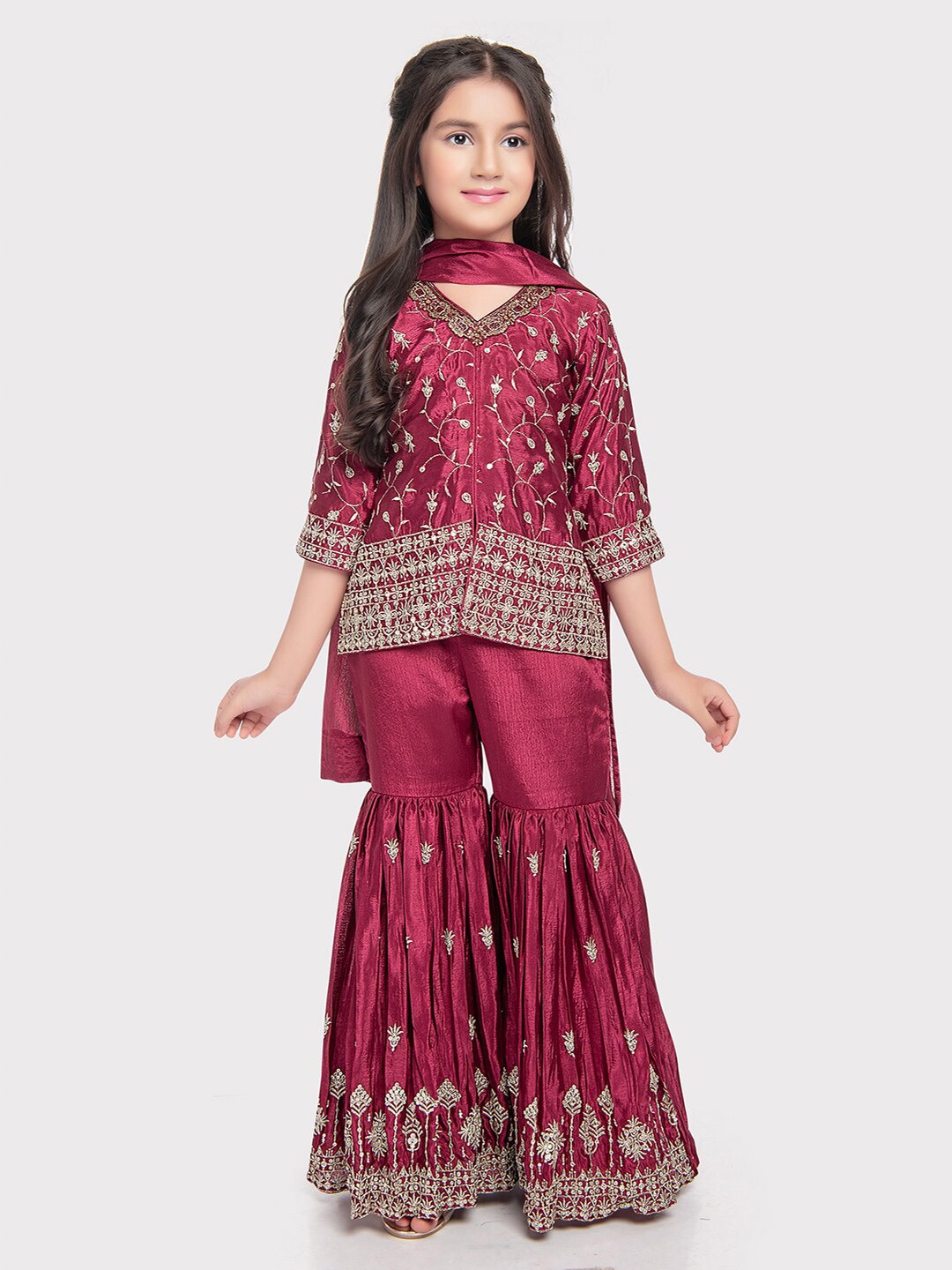 

Tiny Kingdom Embroidered Top With Sharara & Dupatta, Magenta