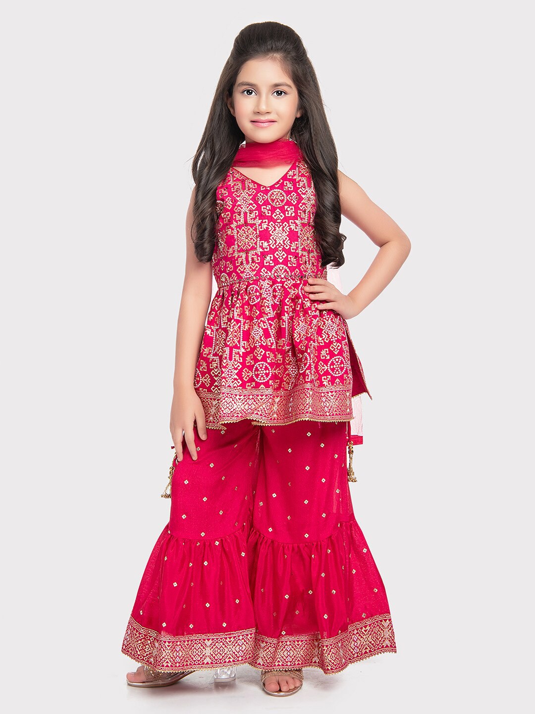 

Tiny Kingdom Girls Bandhani Printed A-Line Top With Sharara & Dupatta, Pink