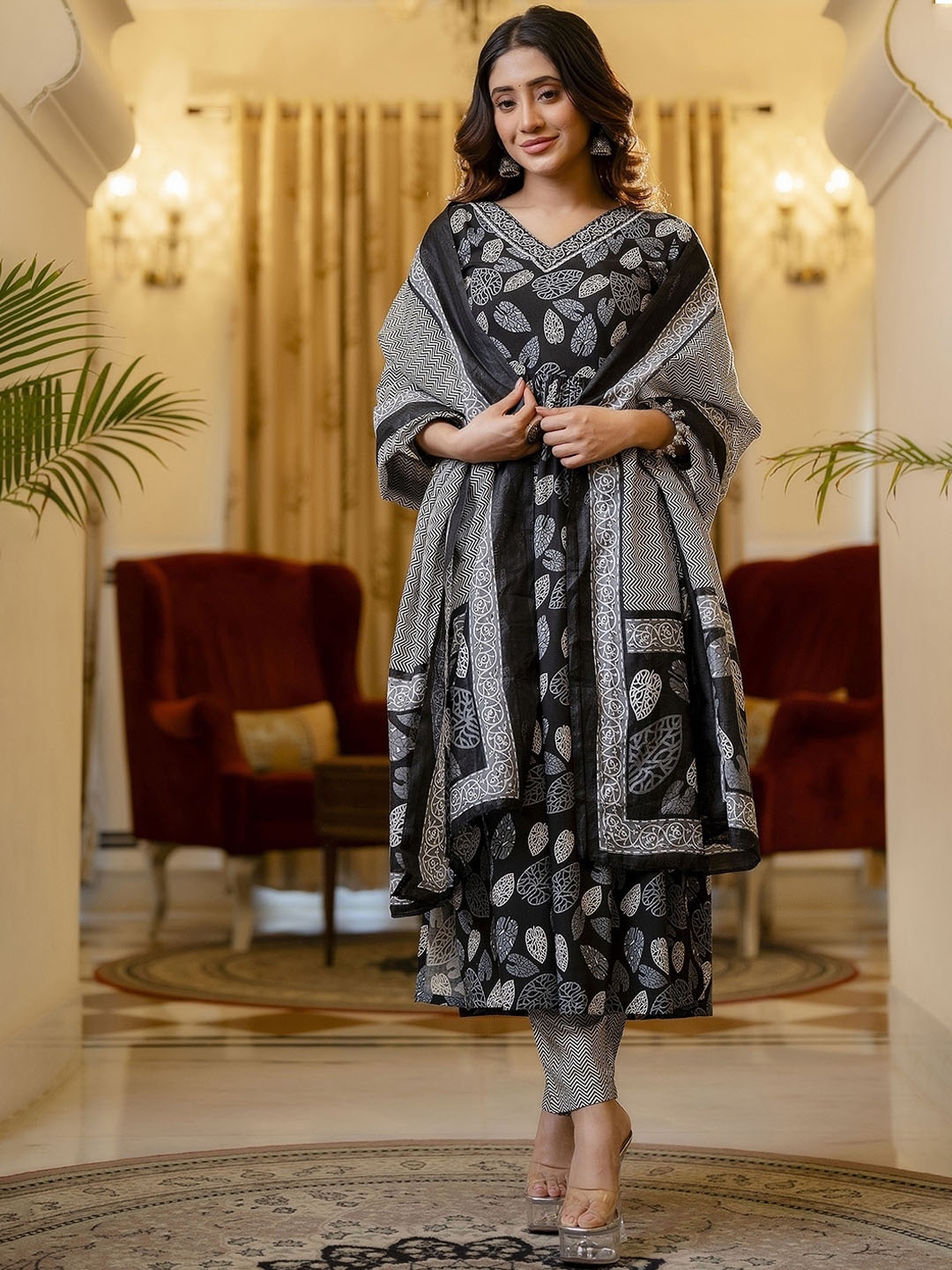 

Mialo fashion Ethnic Motifs Printed V-Neck A-Line Empire Kurta With Palazzos & Dupatta, Black