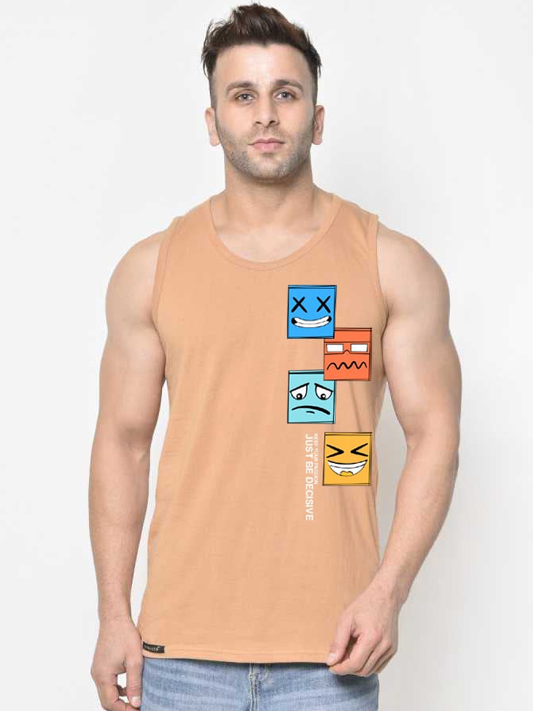 

SLOWLORIS Printed Antimicrobial Bio-Wash Super Combed Cotton Gym Vests, Rust